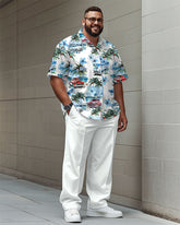 White Hawaiian Car Coconut Pattern Shirt Trousers Set Men's Big & Tall